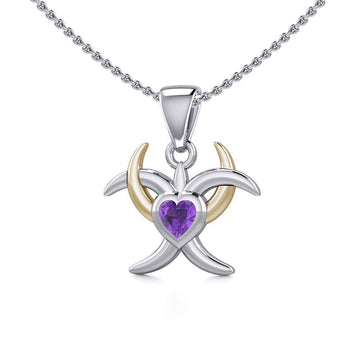 Silver and Gold Heart with Triple Moon Pendant with Gemstone MPD5283 - Jewelry